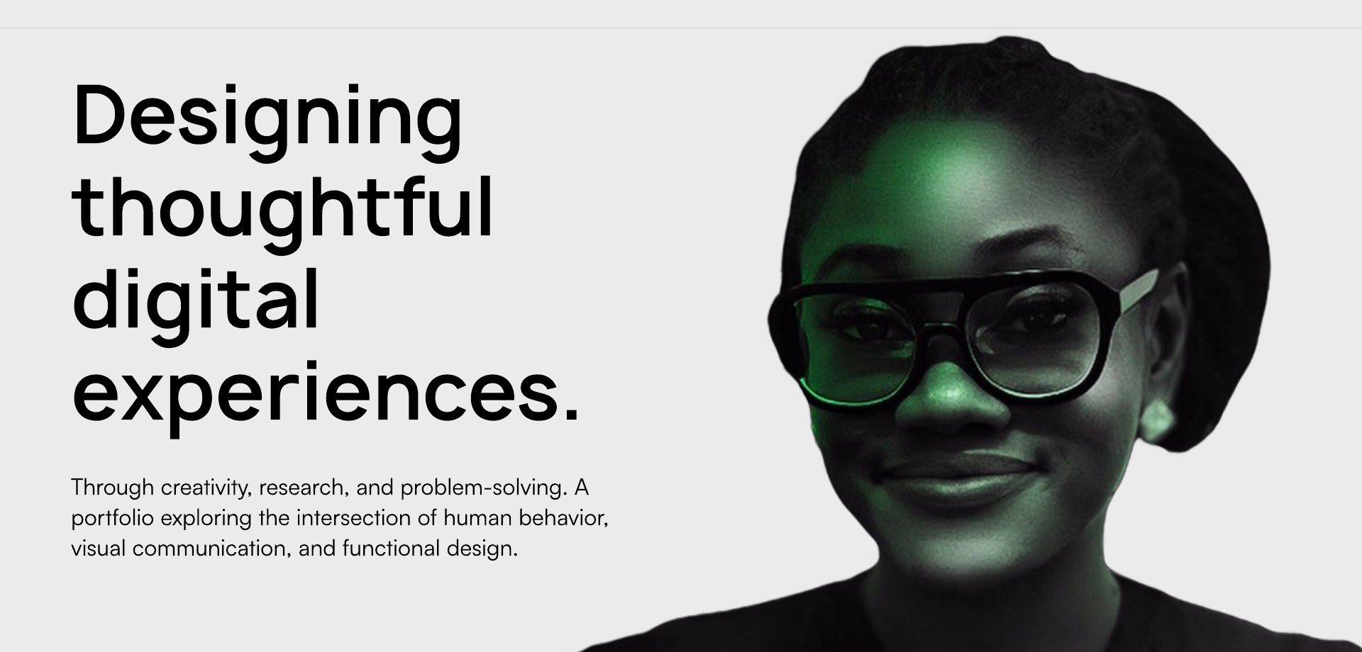 Hero section: portrait of Ifeoma Nwokporo with the headline ‘Designing thoughtful digital experiences’