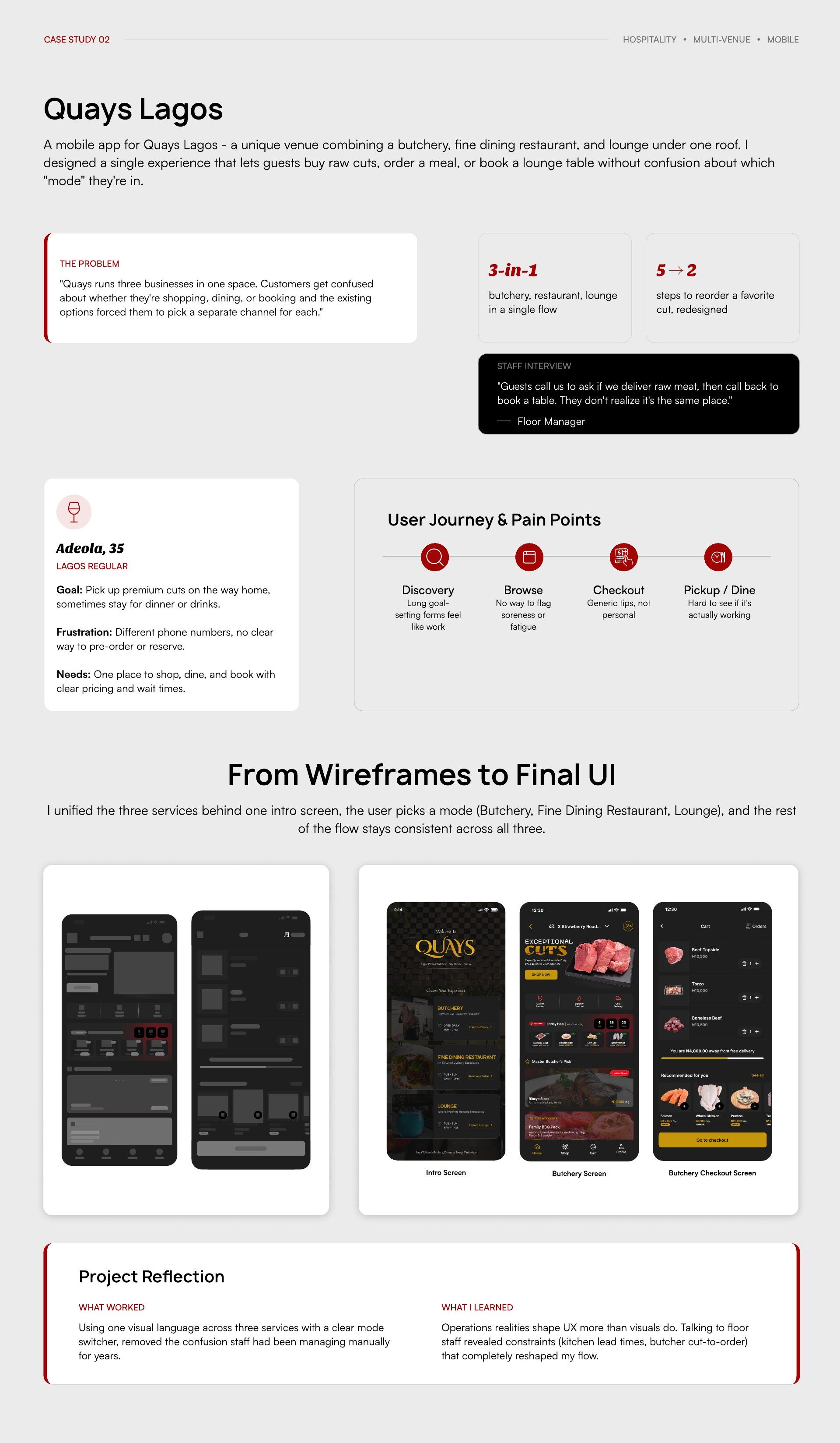 Case Study 02 — Quays Lagos: a hospitality multi-venue mobile app. Intro screen for mode selection (Butchery, Fine Dining Restaurant, Lounge), persona Adeola 35, butchery shop and checkout screens, restaurant menu and booking screens, and a project reflection.